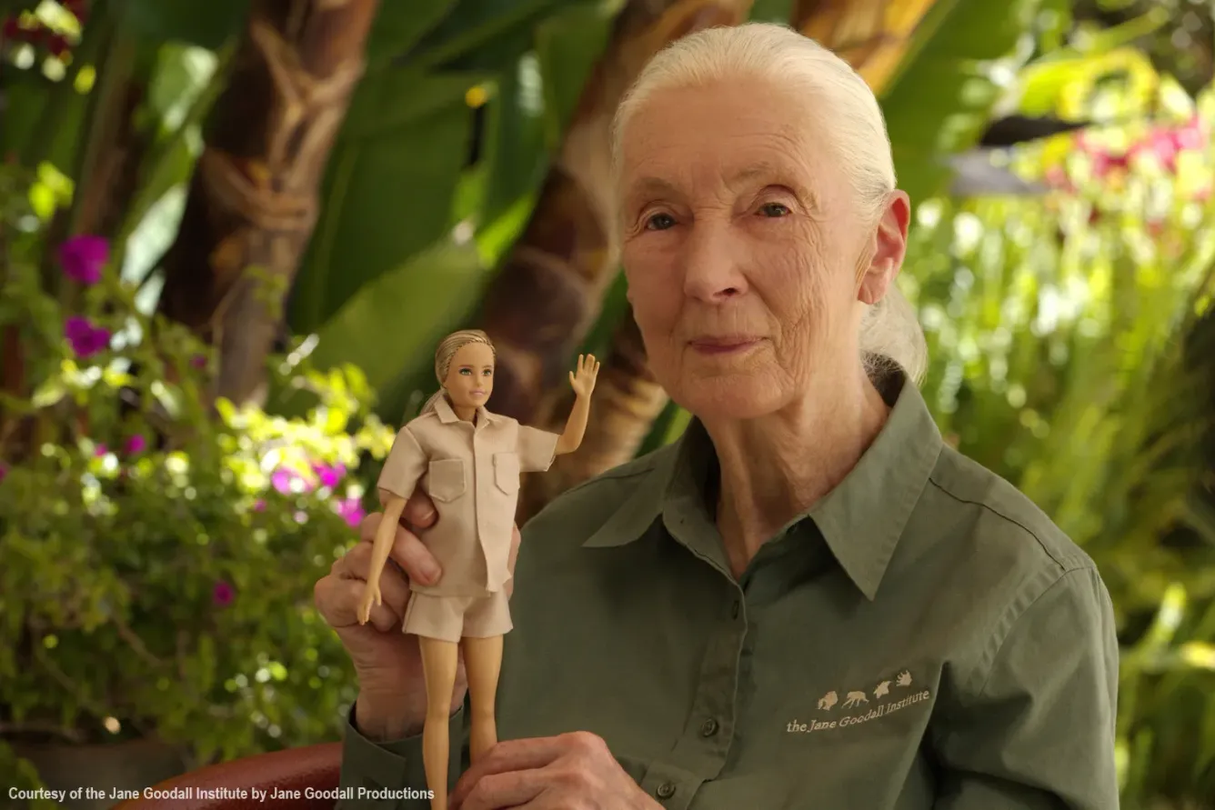 🐵 Jane Goodall hedrad med docka i återvunnen plast